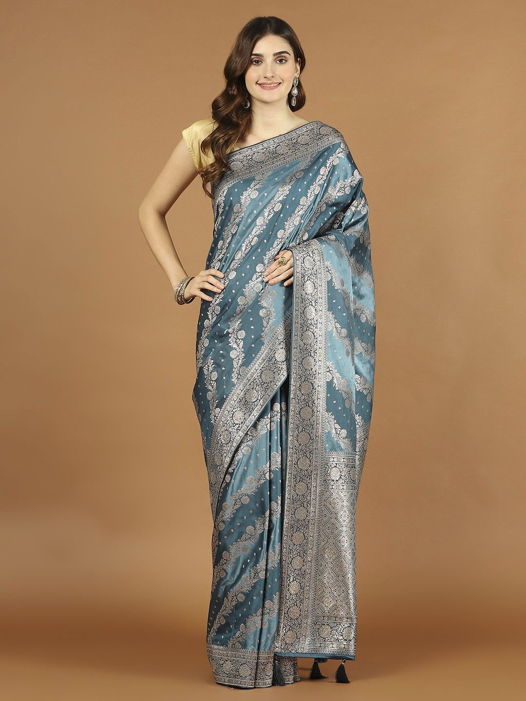 

Meena Bazaar Floral & Ethnic Motifs Woven Satin Saree, Blue