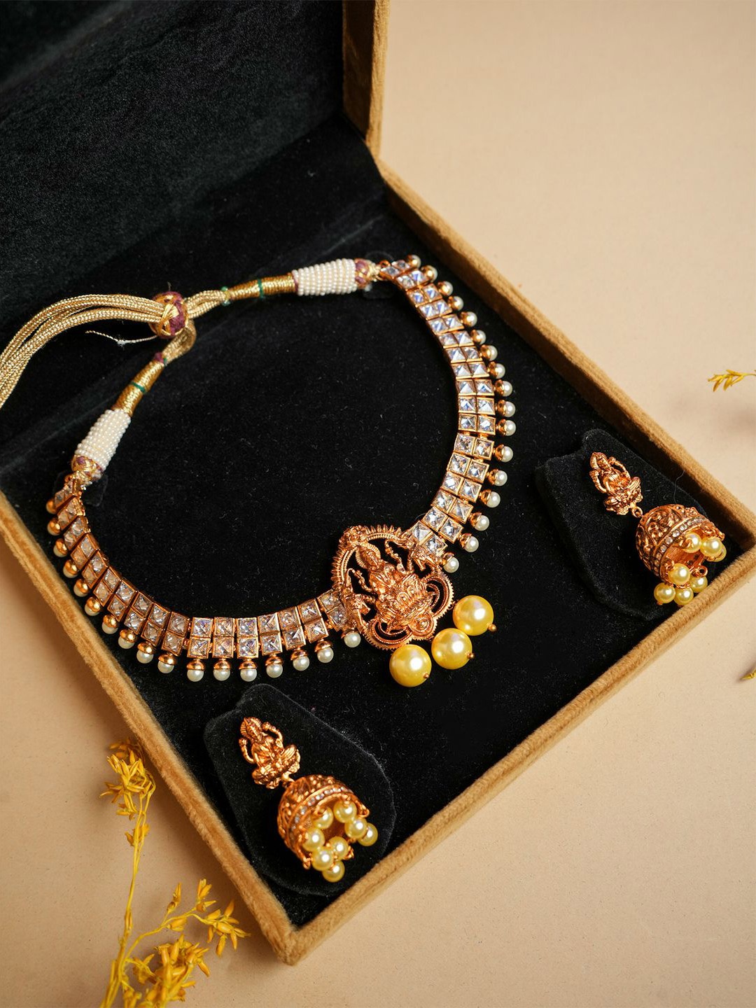 

VIRAASI Gold-Plated Stone Studded & Beaded Temple Jewellery Set