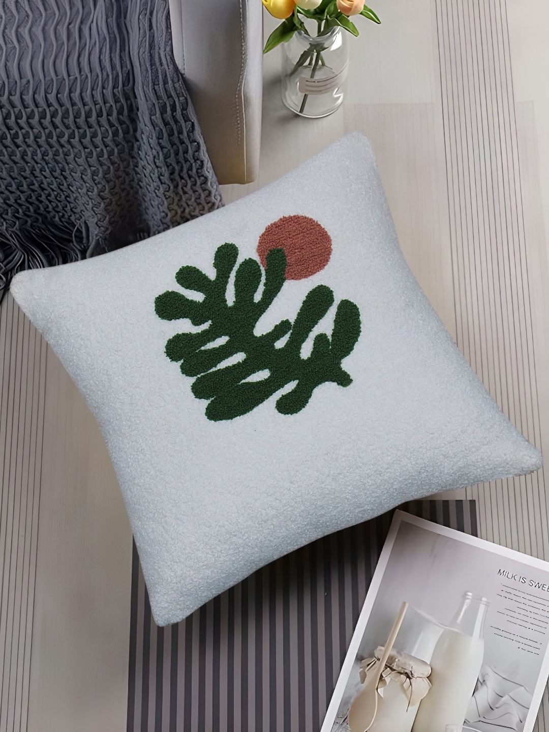 

CAZIMO White & Green Floral Embroidered Square Cushion Cover