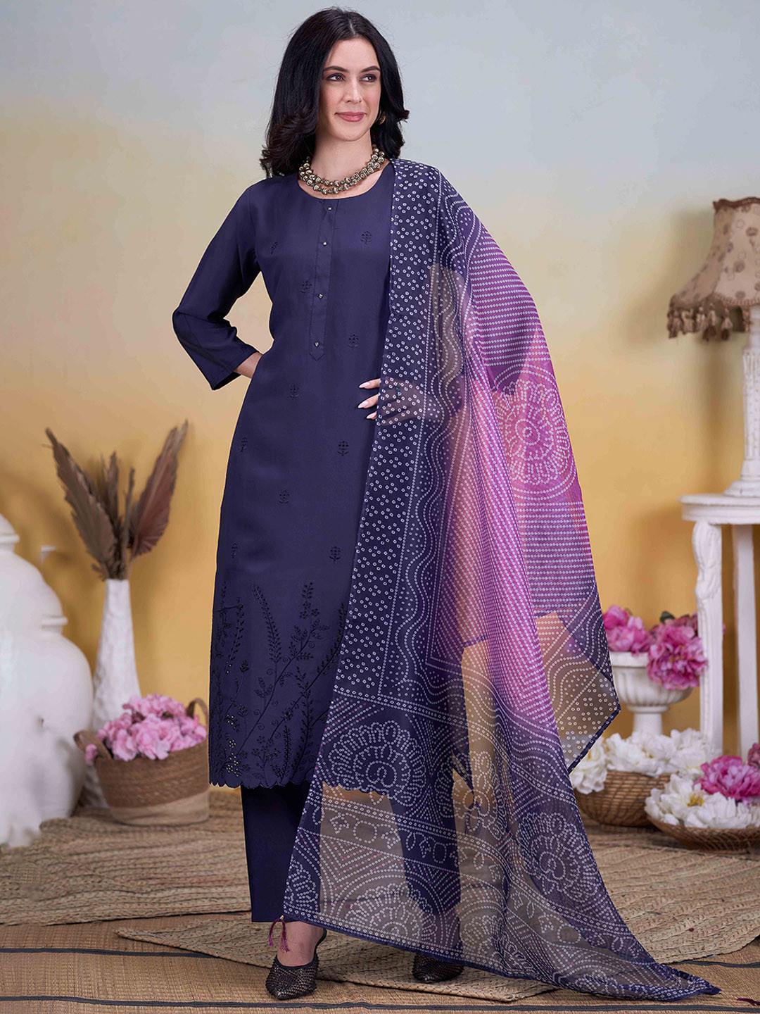 

Anouk Women Ethnic Motifs Embroidered Regular Thread Work Kurta with Trousers & With Dupatta, Blue