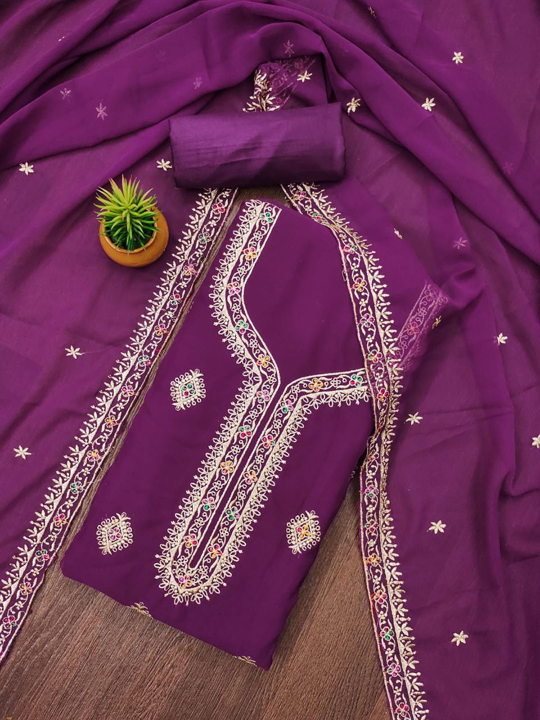 

ZEEPKART Silk Georgette Unstitched Dress Material, Purple