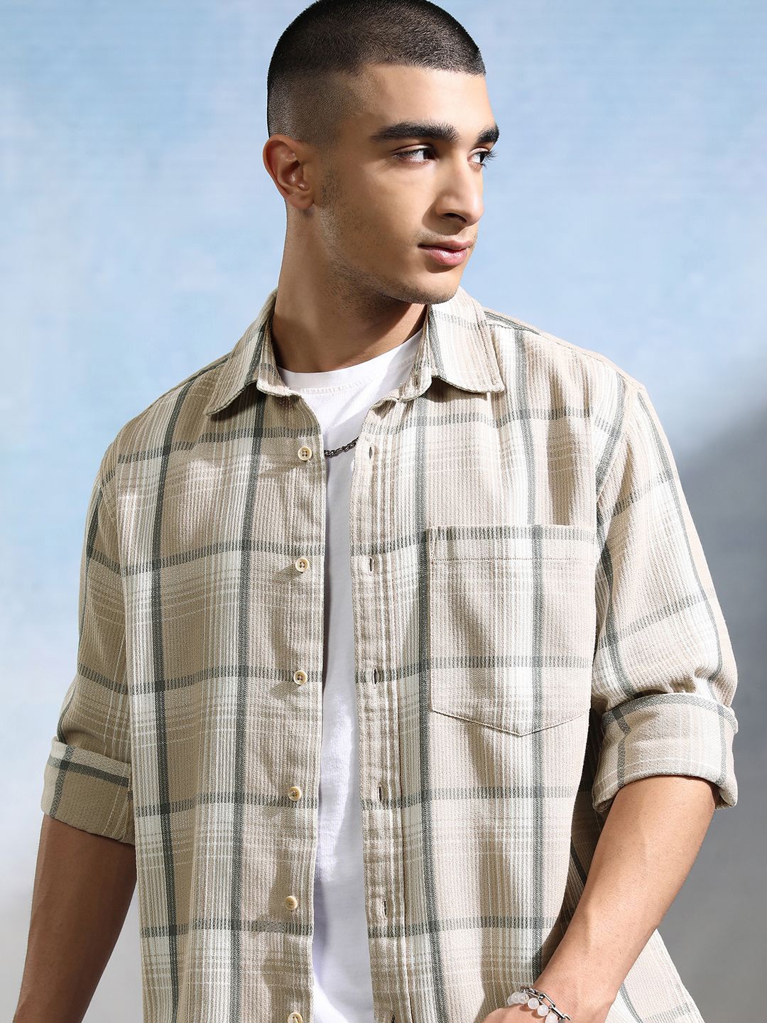 

HIGHLANDER Men Opaque Checked Casual Shirt, Beige