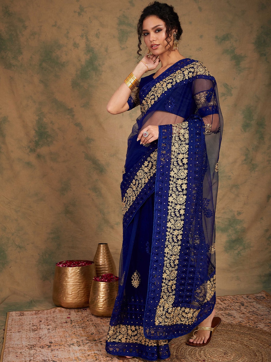 

Suha Embellished Zari Supernet Designer Saree, Blue