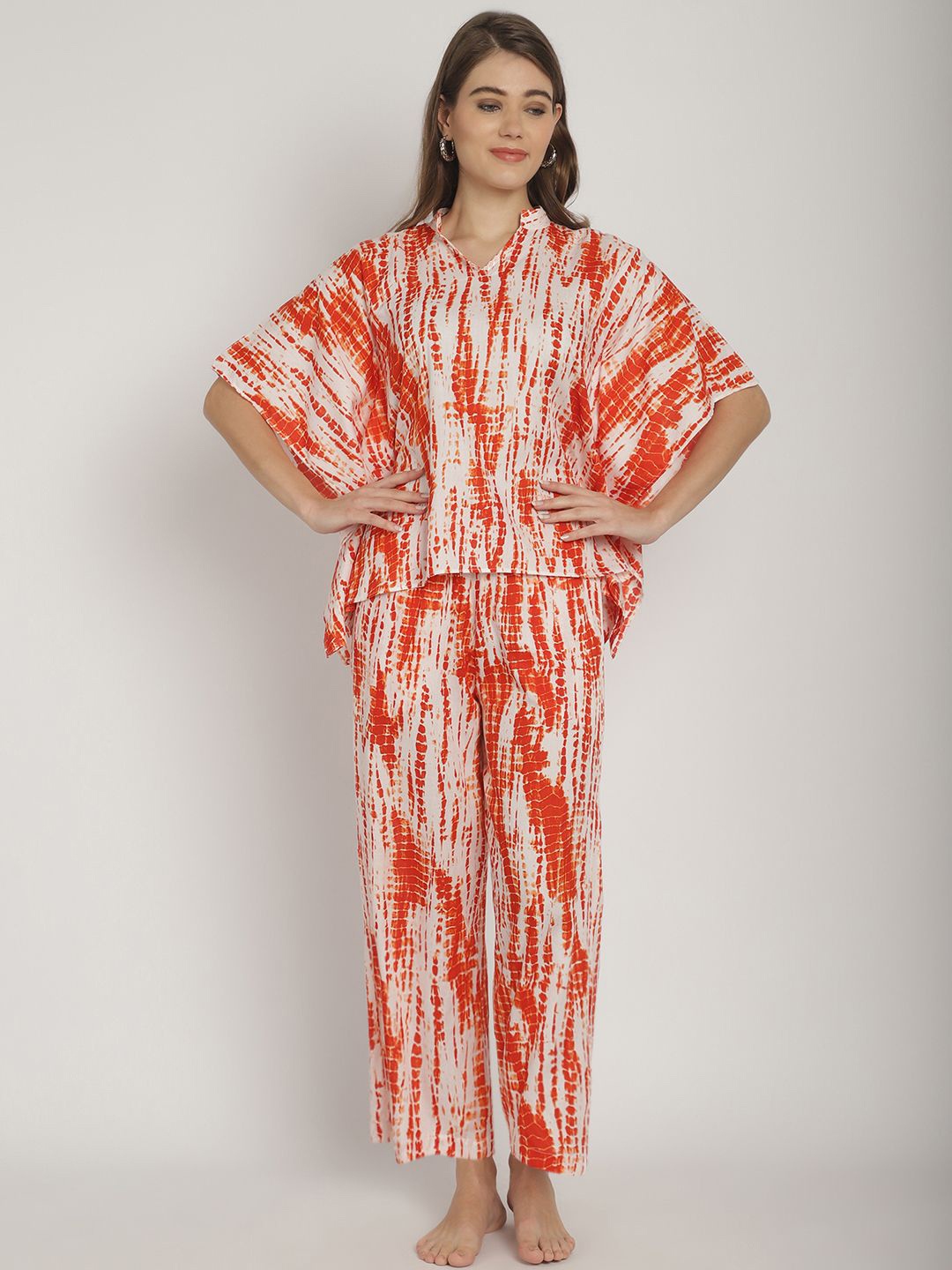 

Blissence Women Tie and Dye Printed Kaftan & Pajama Night suit, Orange