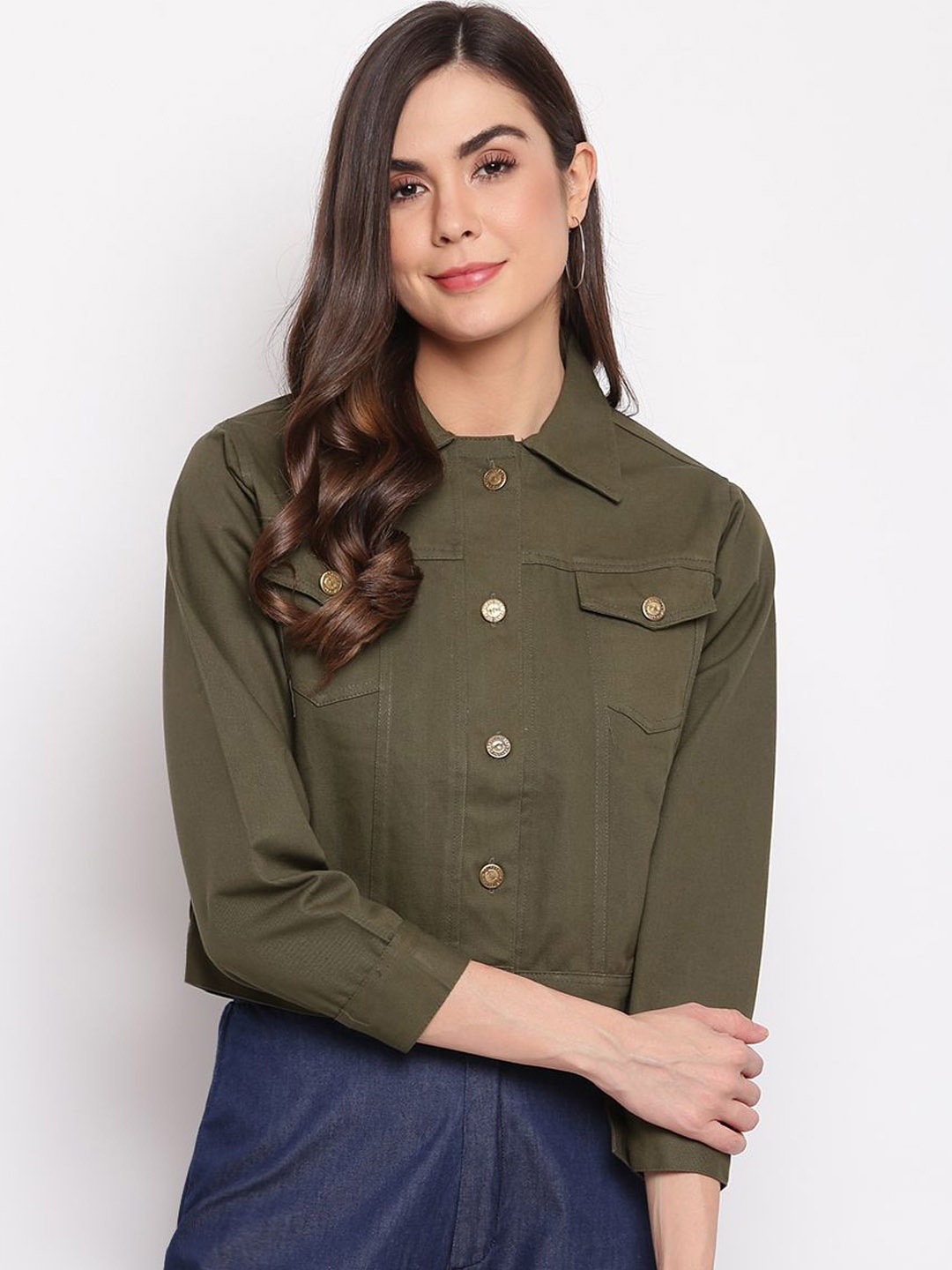 

DressBerry Women Crop Denim Jacket, Olive