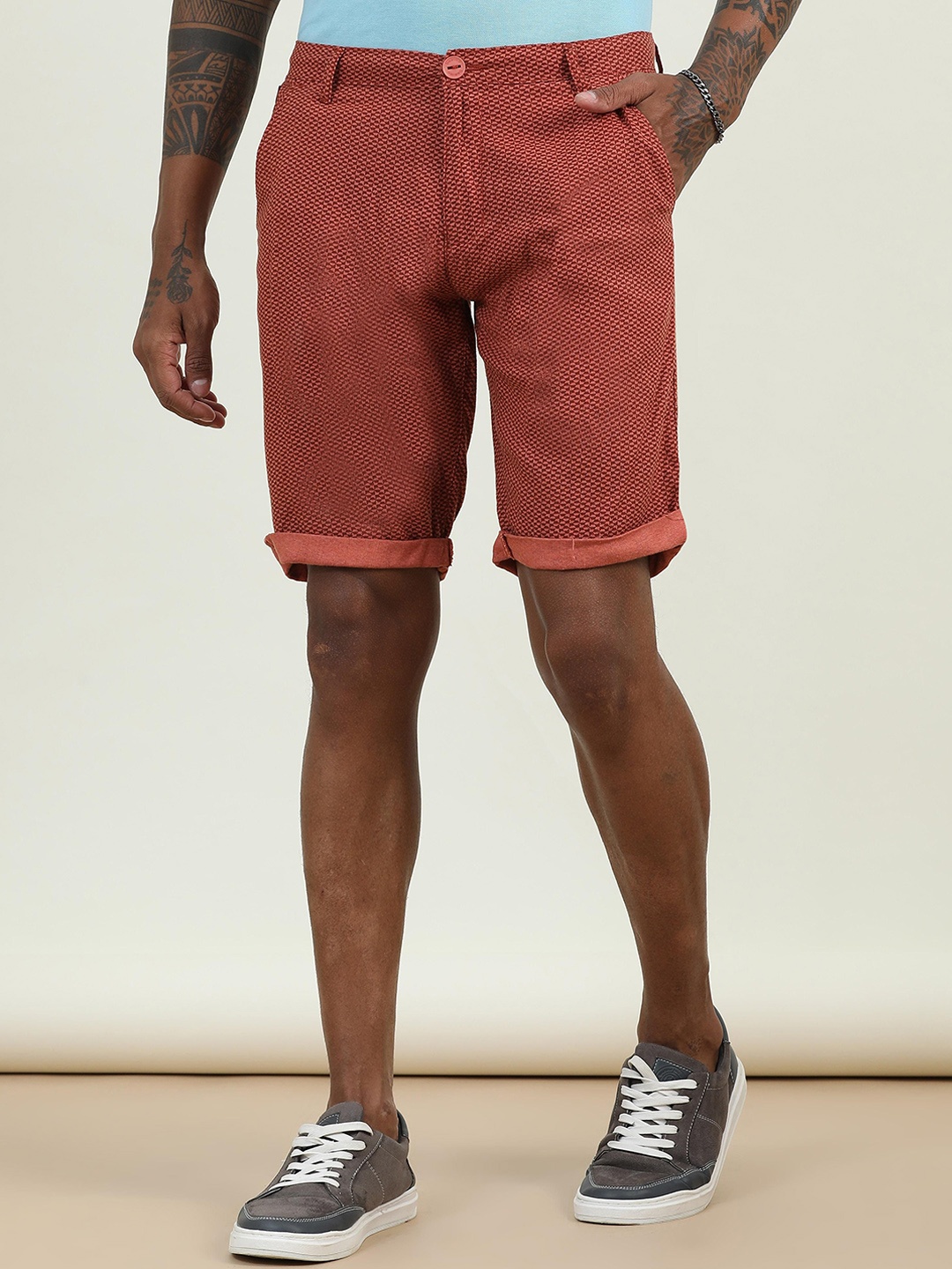 

beevee Men Checked High-Rise Linen Technology Shorts, Rust