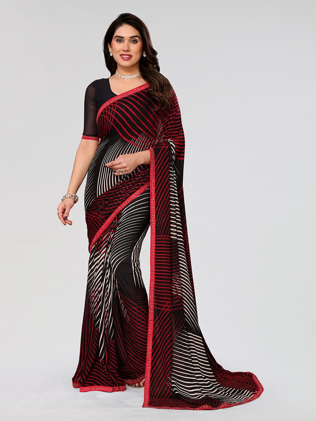 

ANAND SAREES Striped Beads and Stones Pure Georgette Saree, White