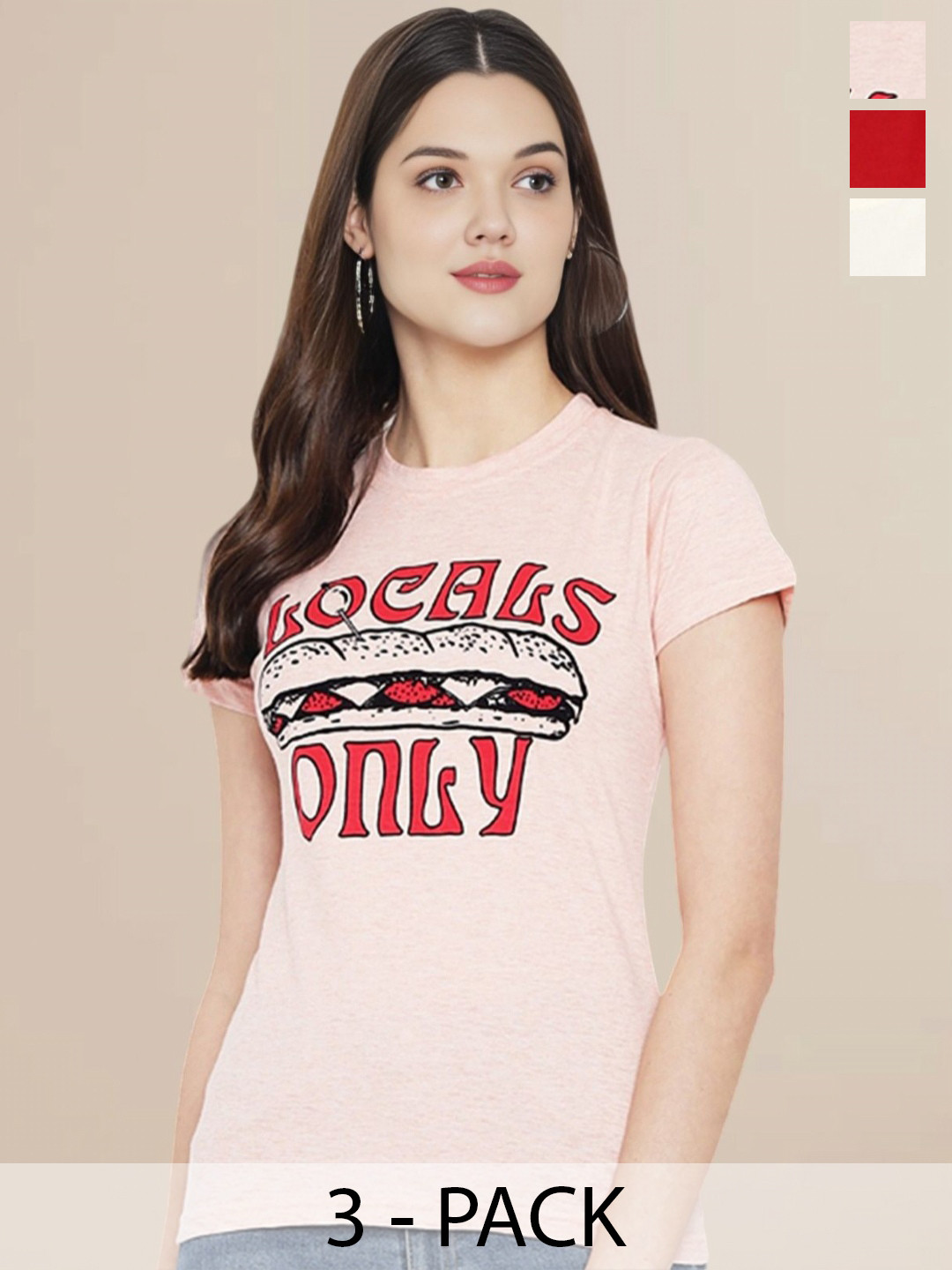 

Metronaut Women Pack Of 3 Typography Printed Round Neck Cotton T-shirts, Peach