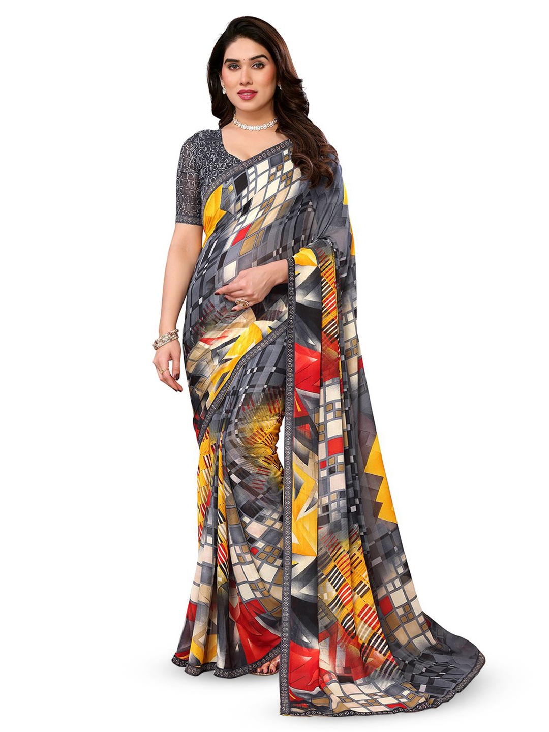 

ANAND SAREES Beads and Stones Pure Georgette Saree, Grey