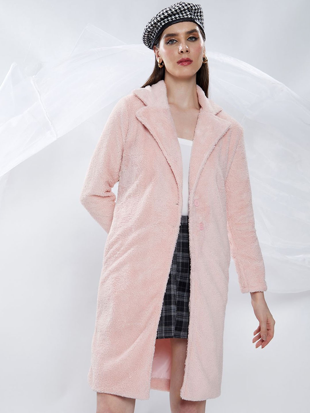 

Campus Sutra Women Single-Breasted Long Winter Coat, Pink