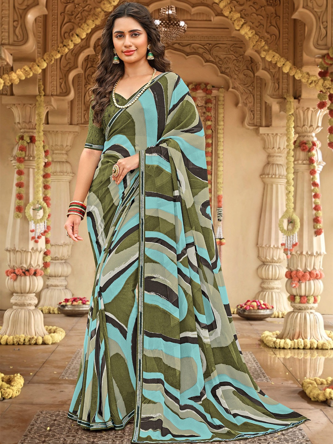 

Laxmipati Embroidered Poly Georgette Saree, Green