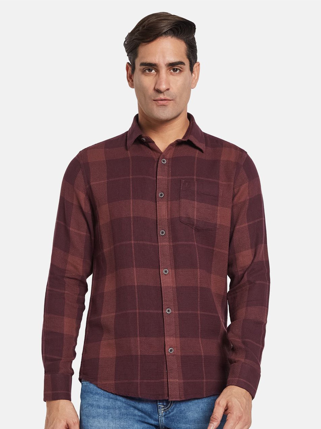 

METTLE Men Opaque Checked Casual Shirt, Maroon