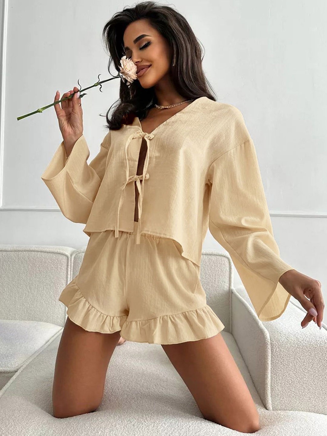 

LULU & SKY Women V-Neck Pure Cotton Night suit, Beige