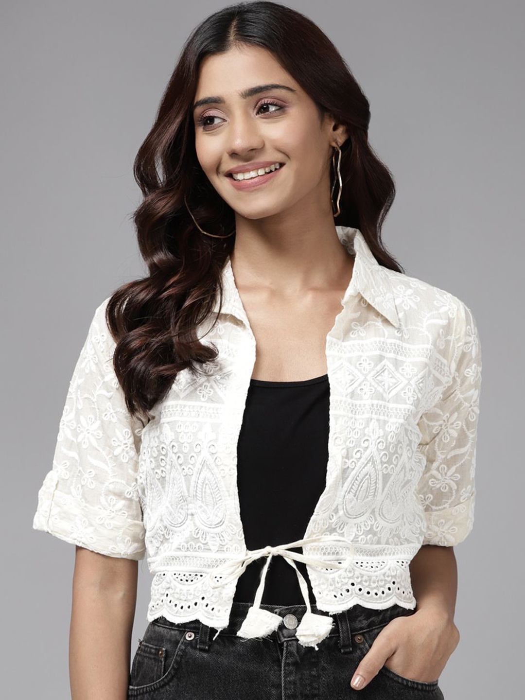 

The Roadster Lifestyle Co Embroidered Cotton Crop Shrug, Cream