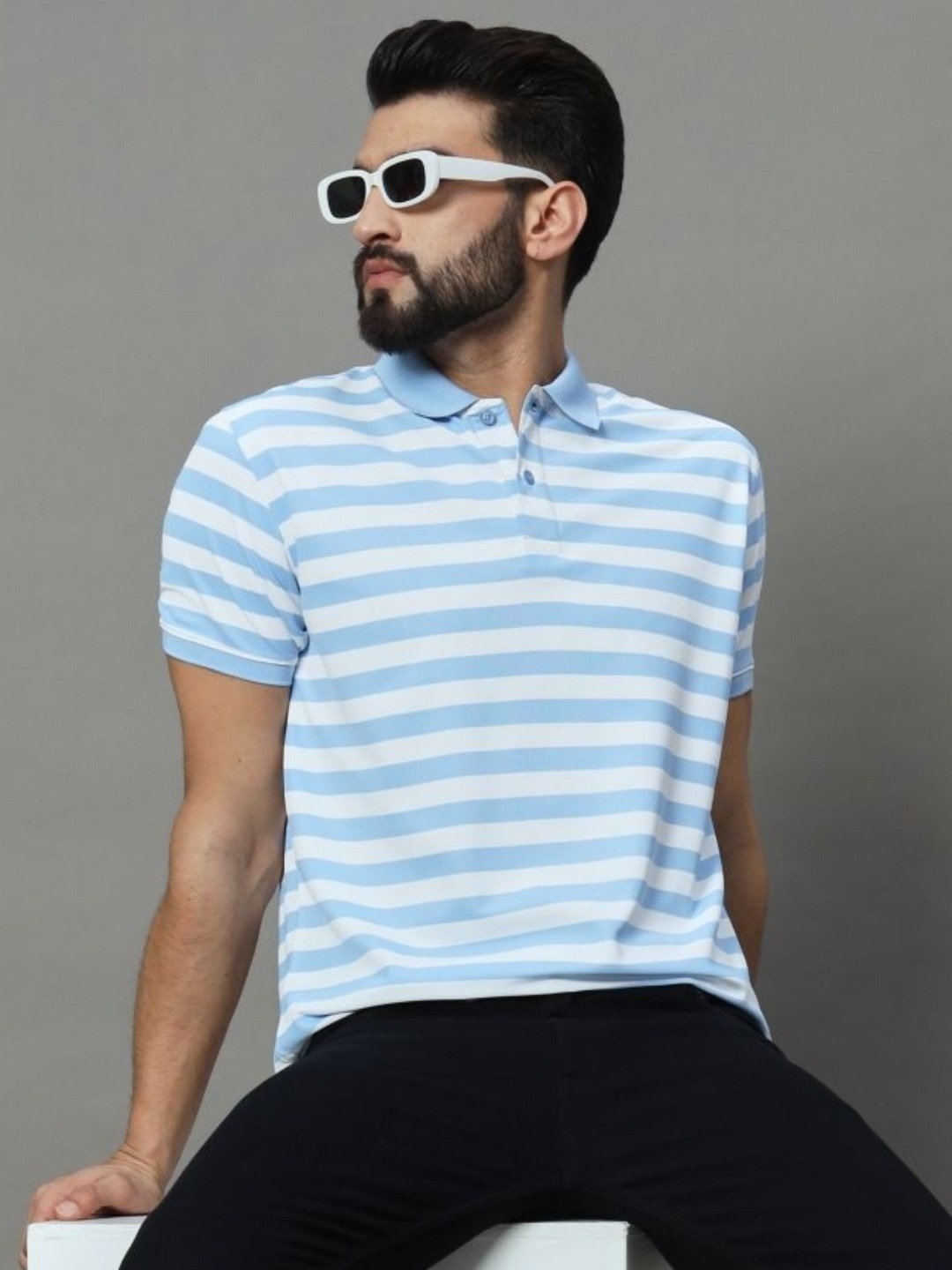 

UNIBERRY Men Striped Polo Collar T-shirt, Turquoise blue