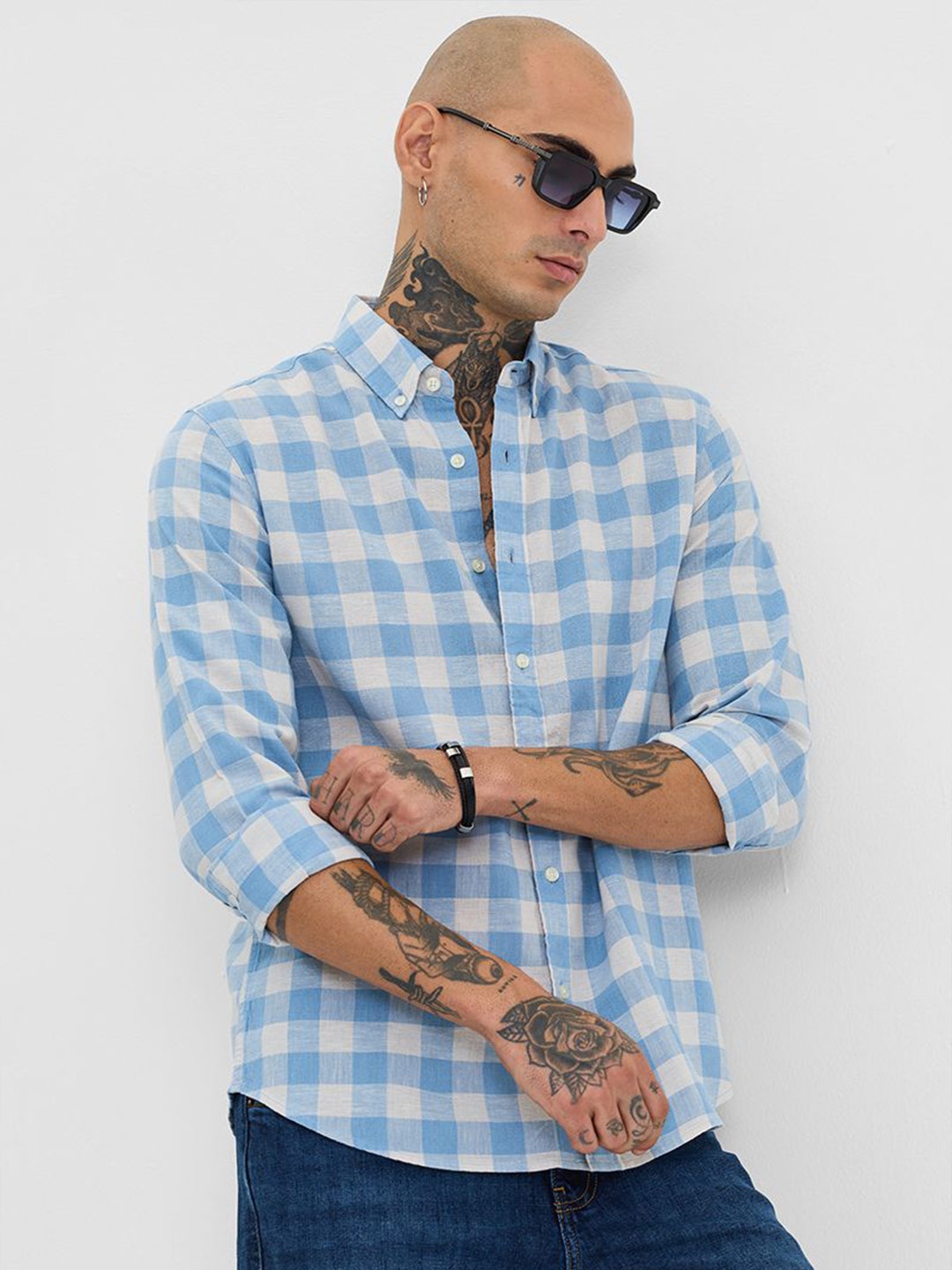 

Snitch Men Smart Slim Fit Opaque Checked Casual Shirt, Blue