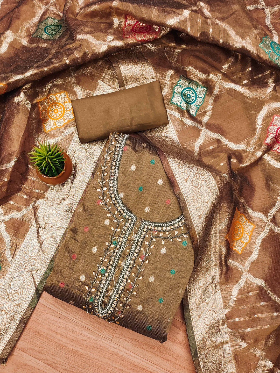 

KALINI Unstitched Dress Material, Brown