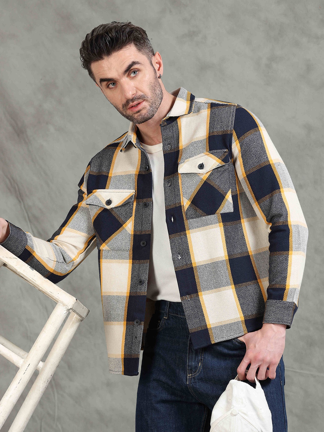 

StitchX Men Full Sleeve Textured Checkered Smart Collar Shacket, Yellow