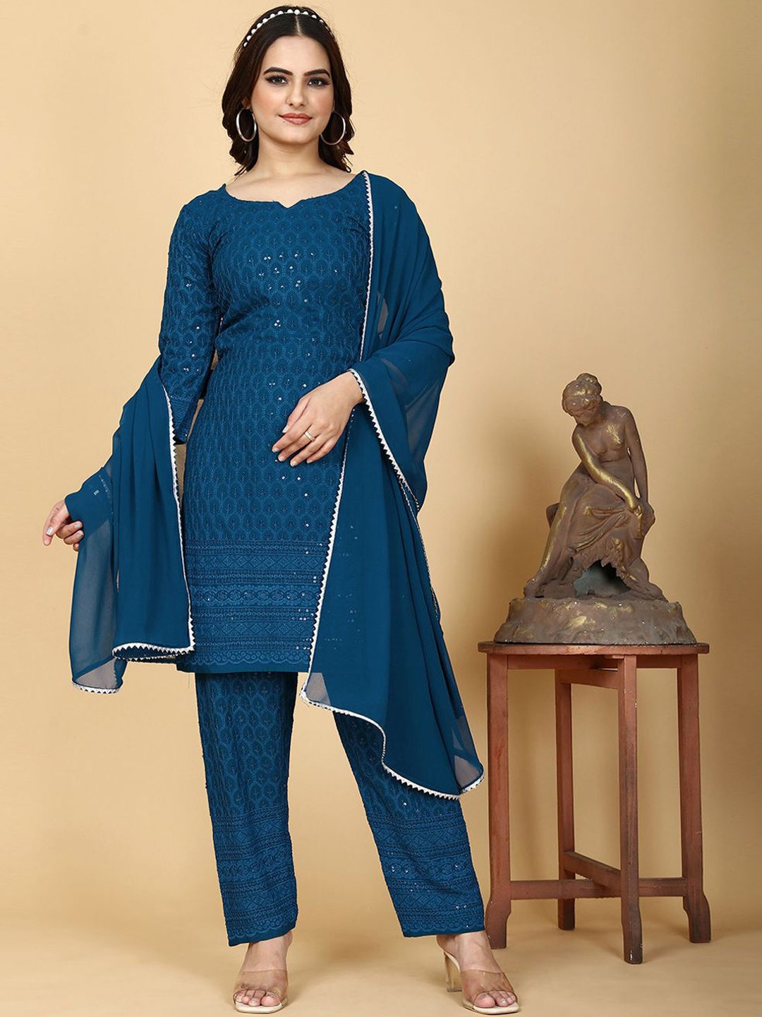 

KALINI Women Ethnic Motifs Embroidered Regular Sequinned Kurta with Pyjamas & With Dupatta, Turquoise blue