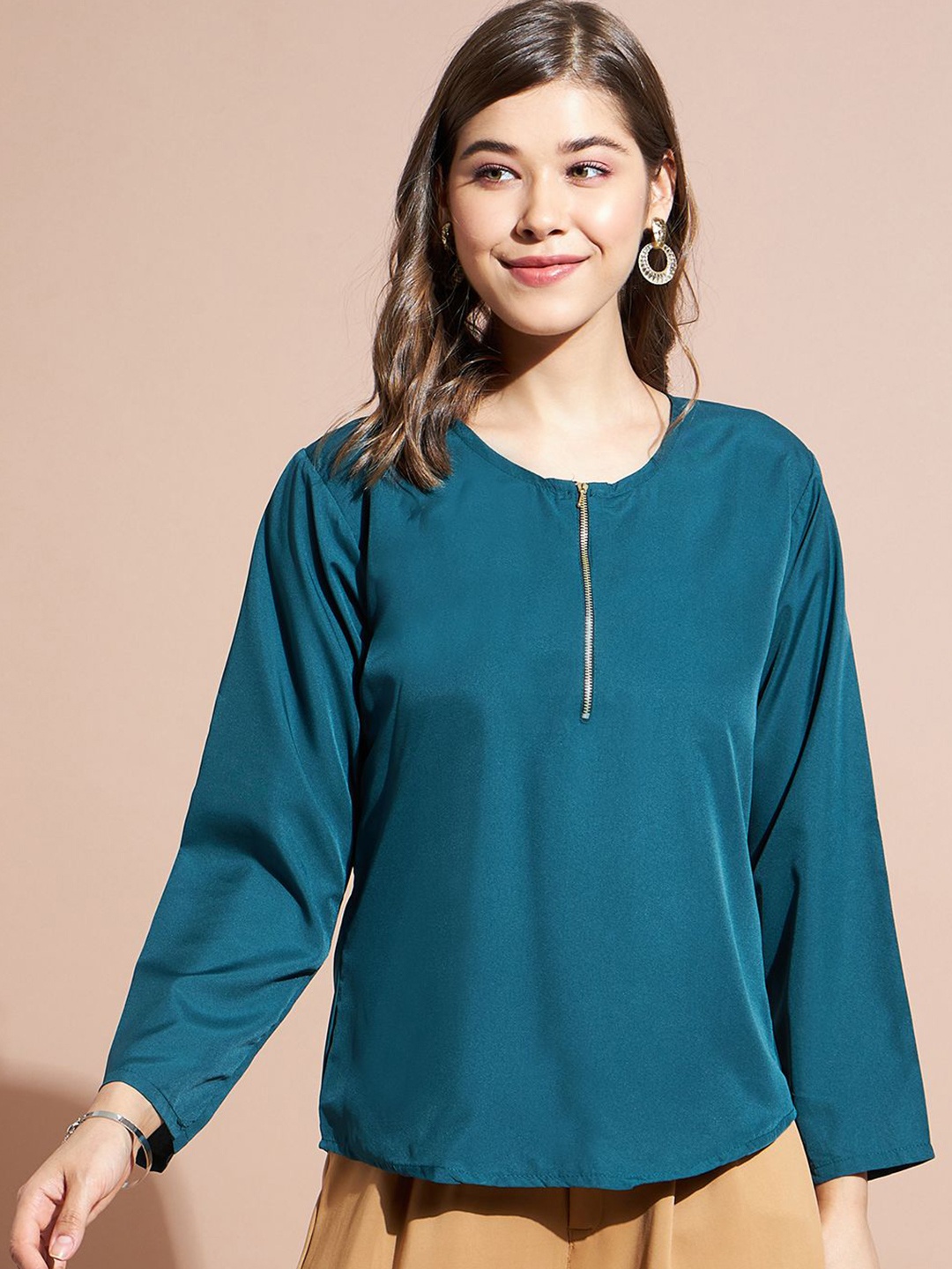

DressBerry Women Zip Details Crepe Top, Teal
