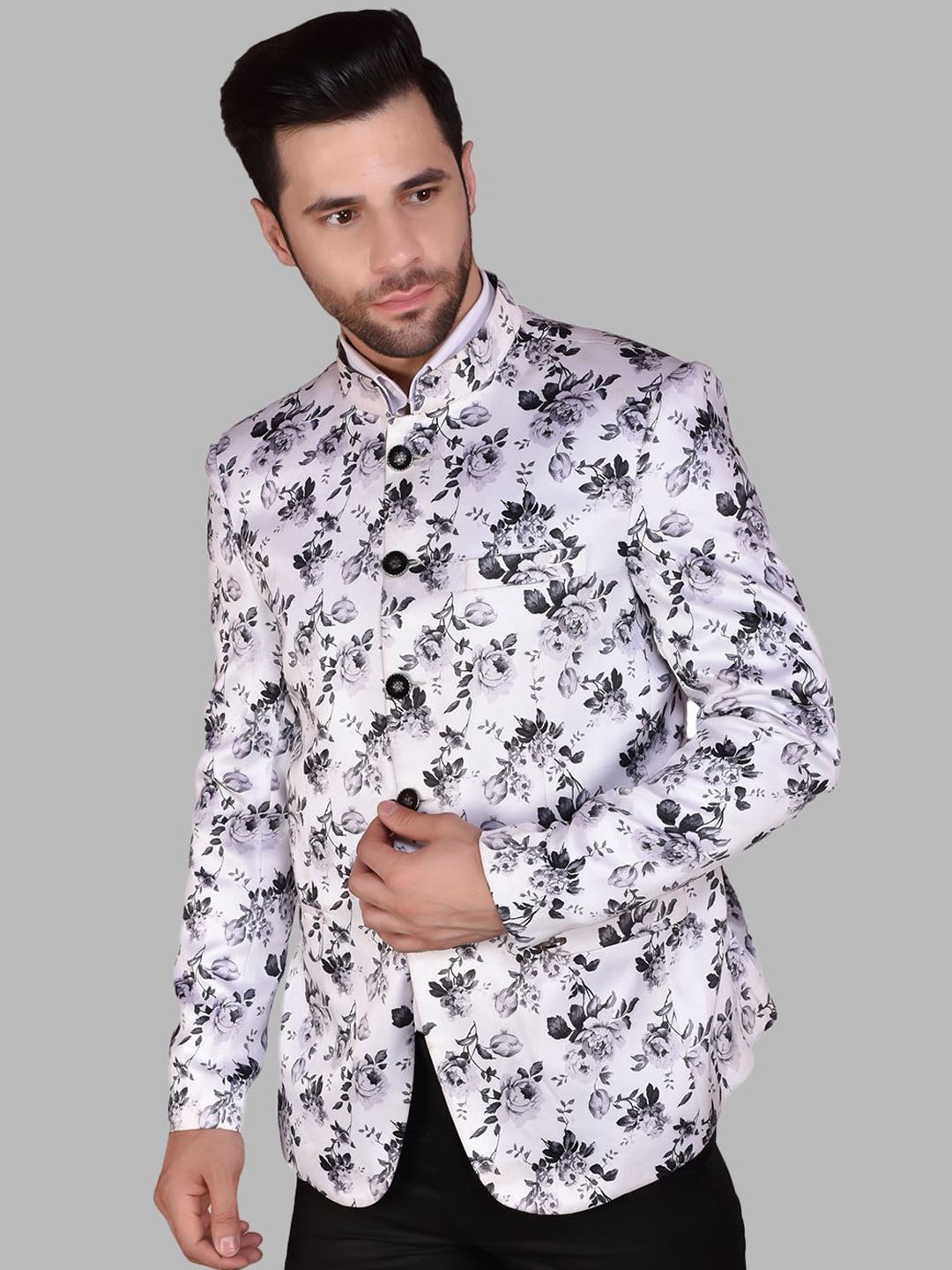 

PRINTINDIA Printed Mandarin Collar Single Breasted Formal Blazer, White