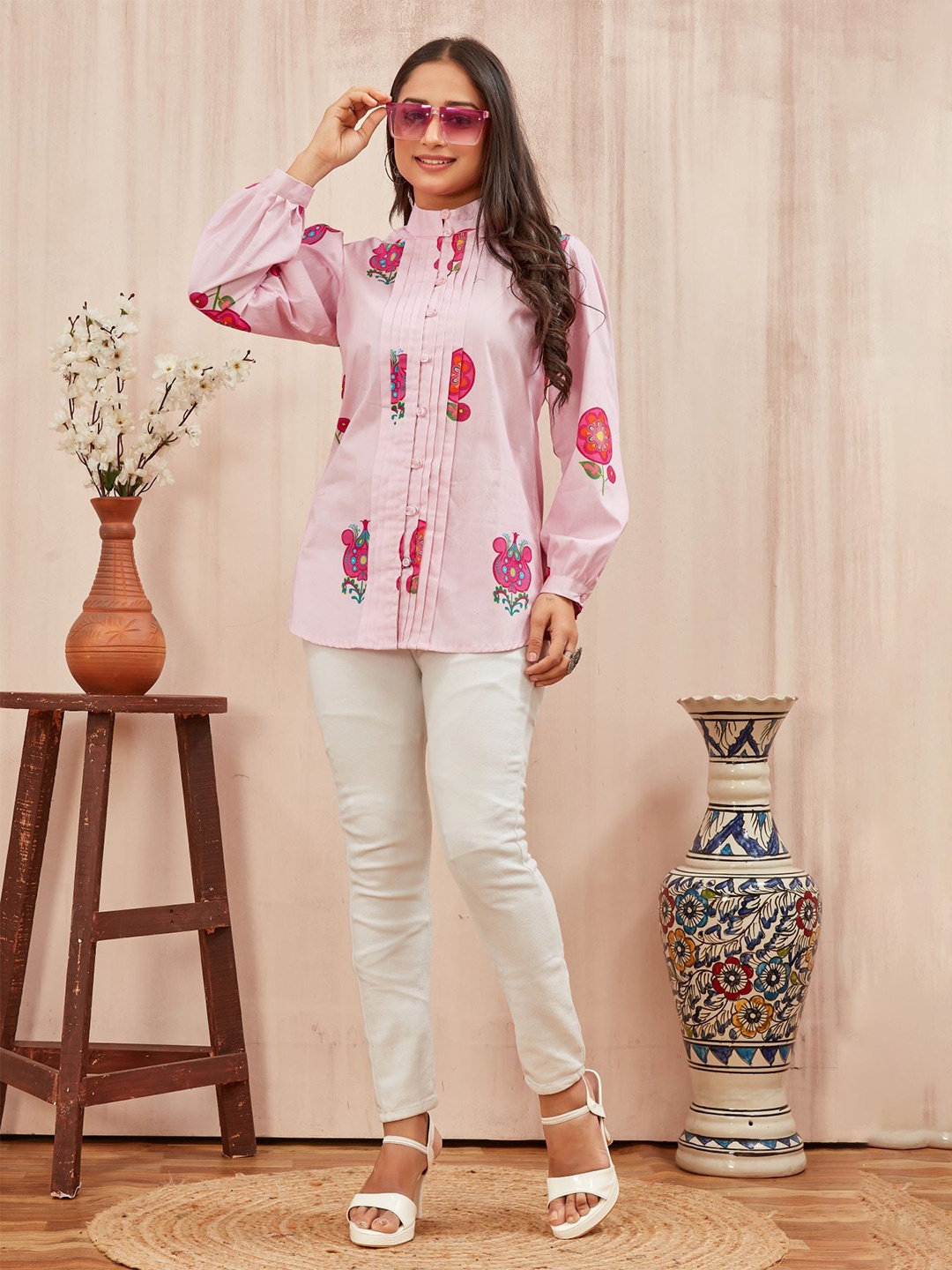 

PIRRA DESIGNS Women Floral Printed Cotton Shirt Dress, Pink