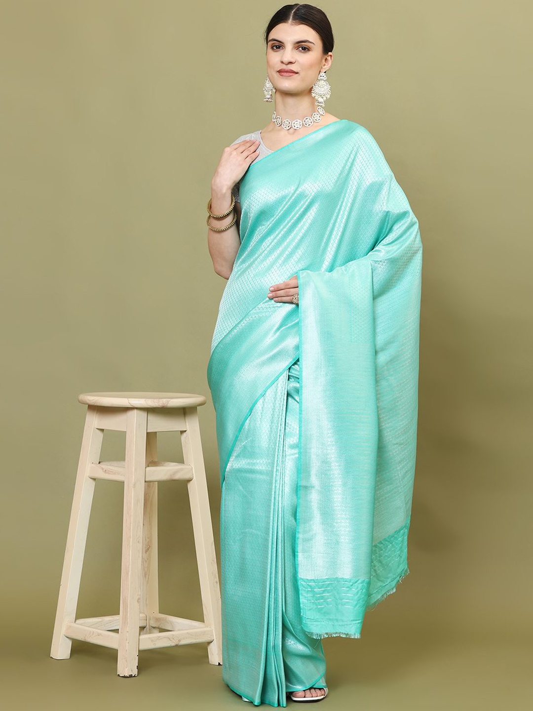 

Meena Bazaar Plain Woven Design Art Silk Saree, Sea green