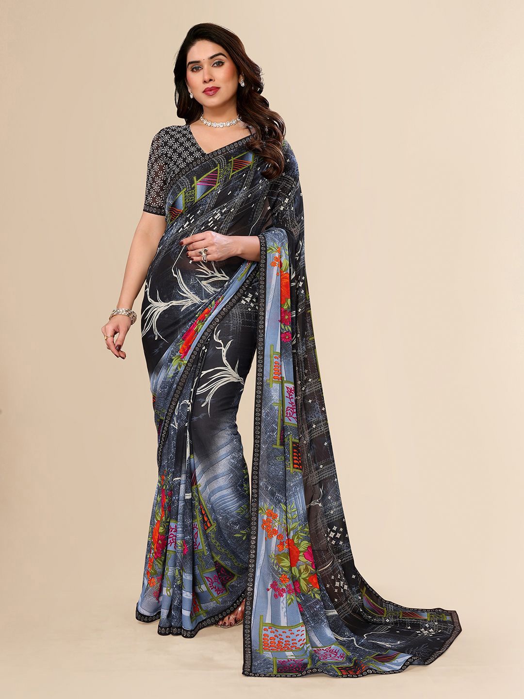 

ANAND SAREES Floral Beads and Stones Pure Georgette Saree, Blue