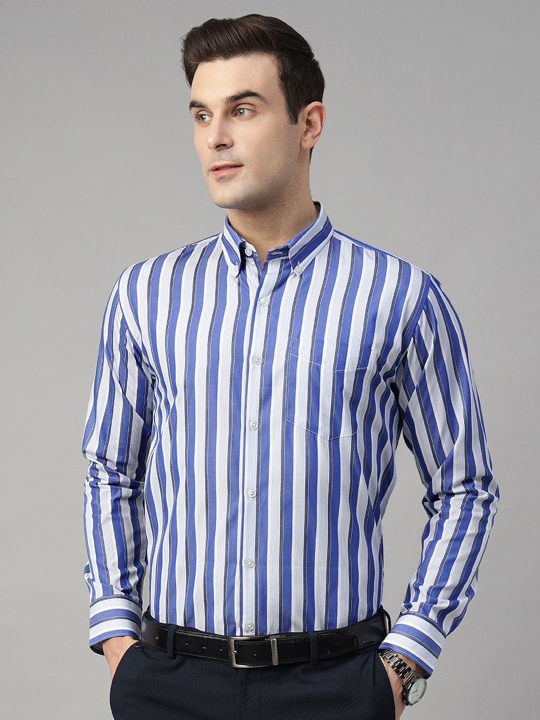 

Hancock Men Standard Slim Fit Opaque Striped Formal Shirt, Blue