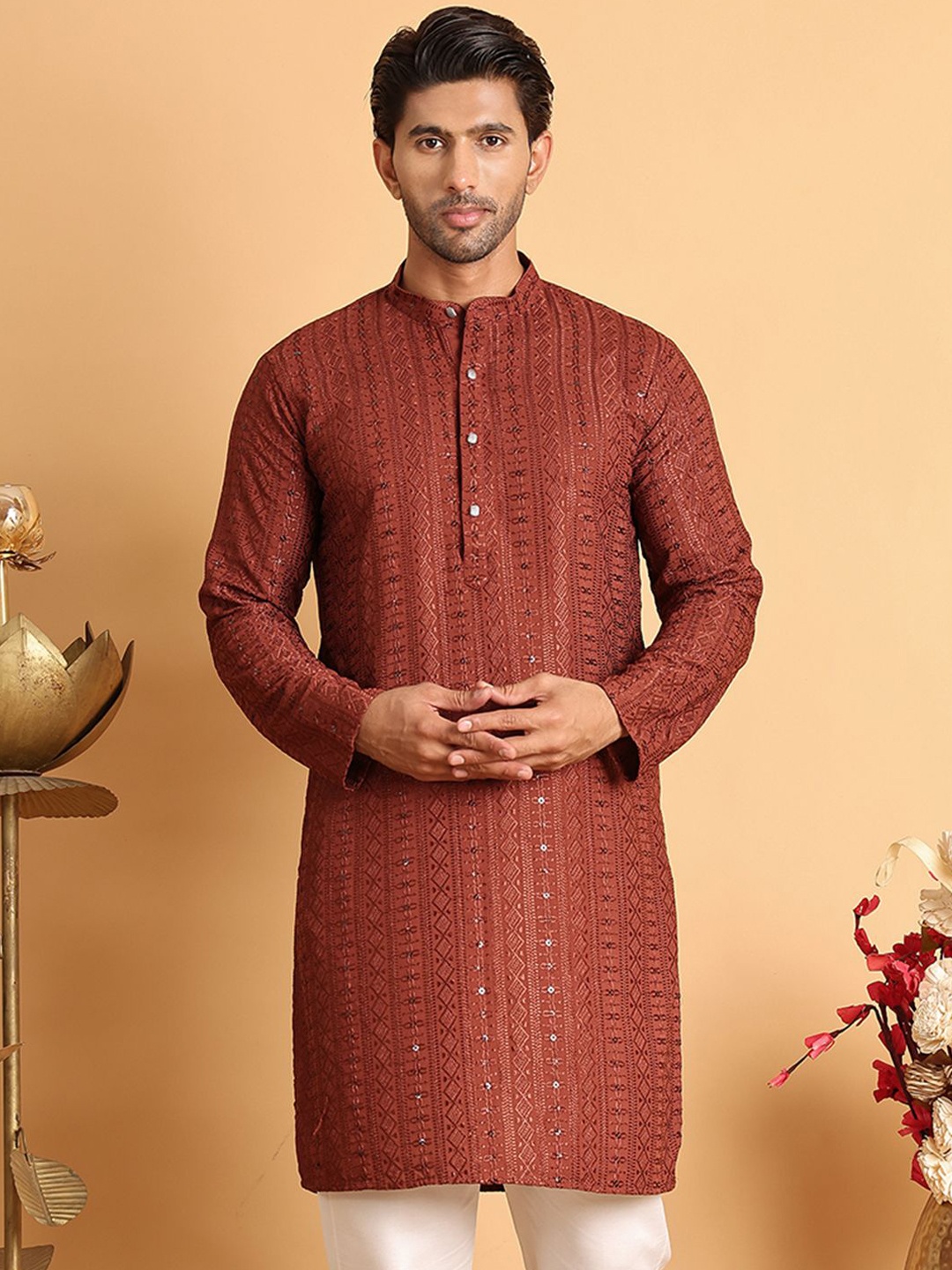 

Jompers Men Geometric Embroidered Sequinned Kurta, Rust