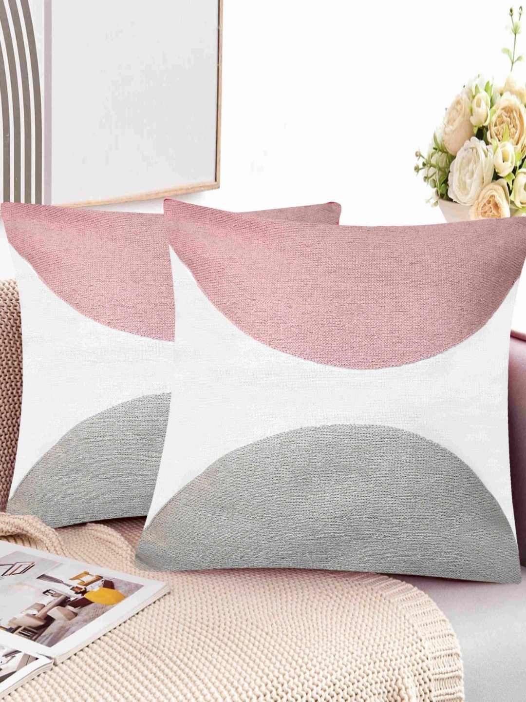 

CIEARO VINTAGE Pink & Grey Set of 6 Geometric Square Cushion Covers