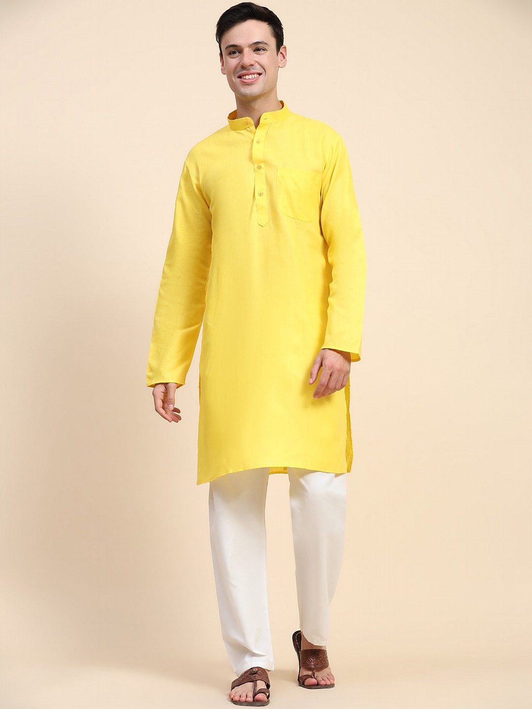 

SKAVIJ Men Regular Pure Cotton Kurta with Pyjamas, Yellow