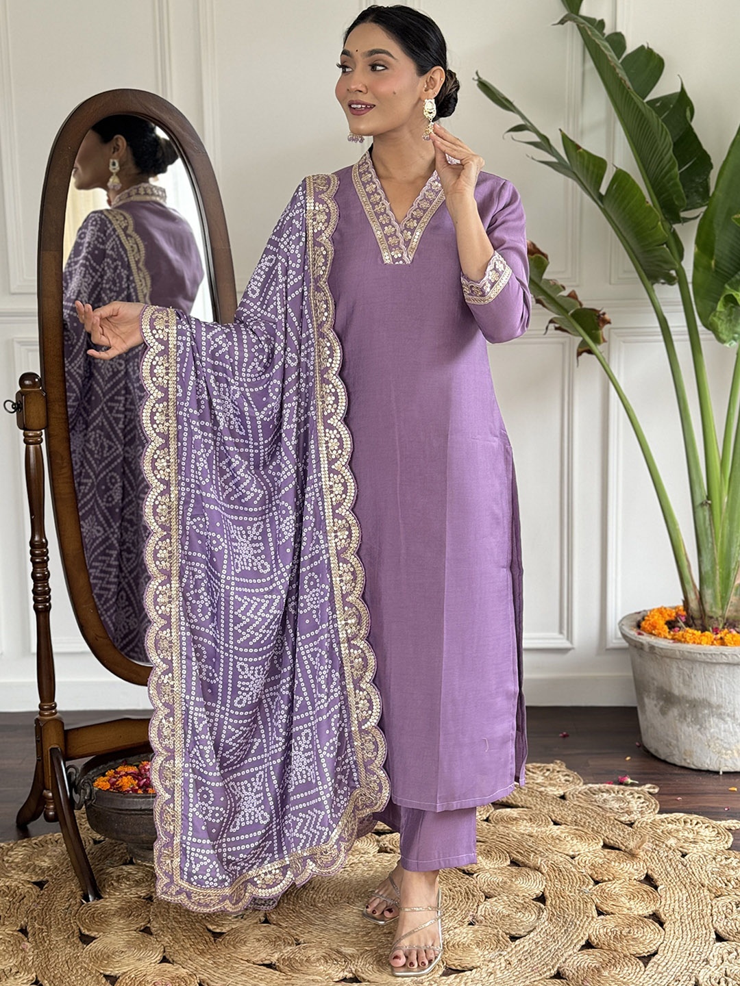 

KALINI Women Bandhani Embroidered Regular Thread Work Kurta with Palazzos & With Dupatta, Lavender