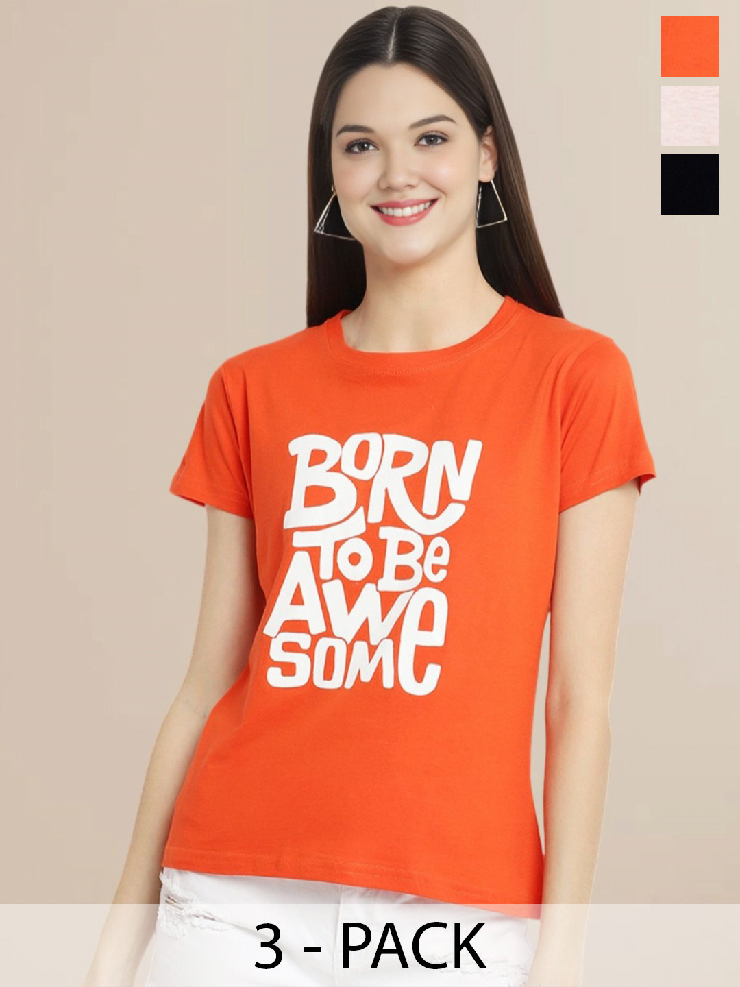 

Metronaut Women Pack Of 3 Typography Printed Round Neck Cotton T-shirts, Peach