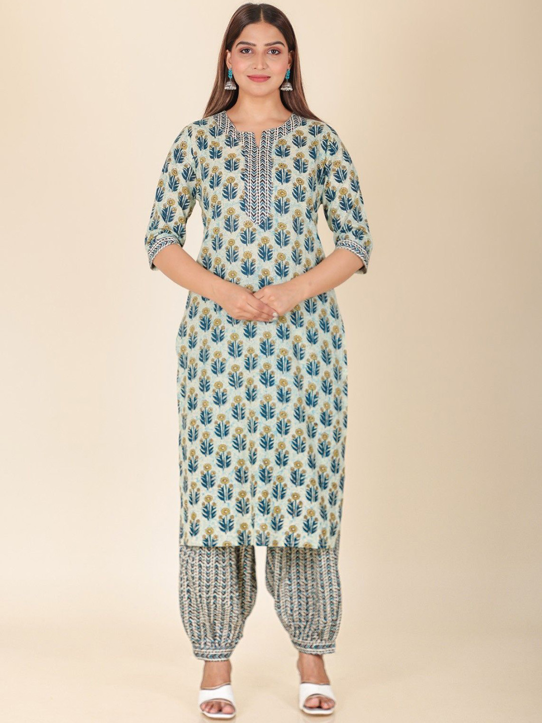 

Aramya Women Floral Printed Regular Patchwork Pure Cotton Kurta with Salwar, Cream