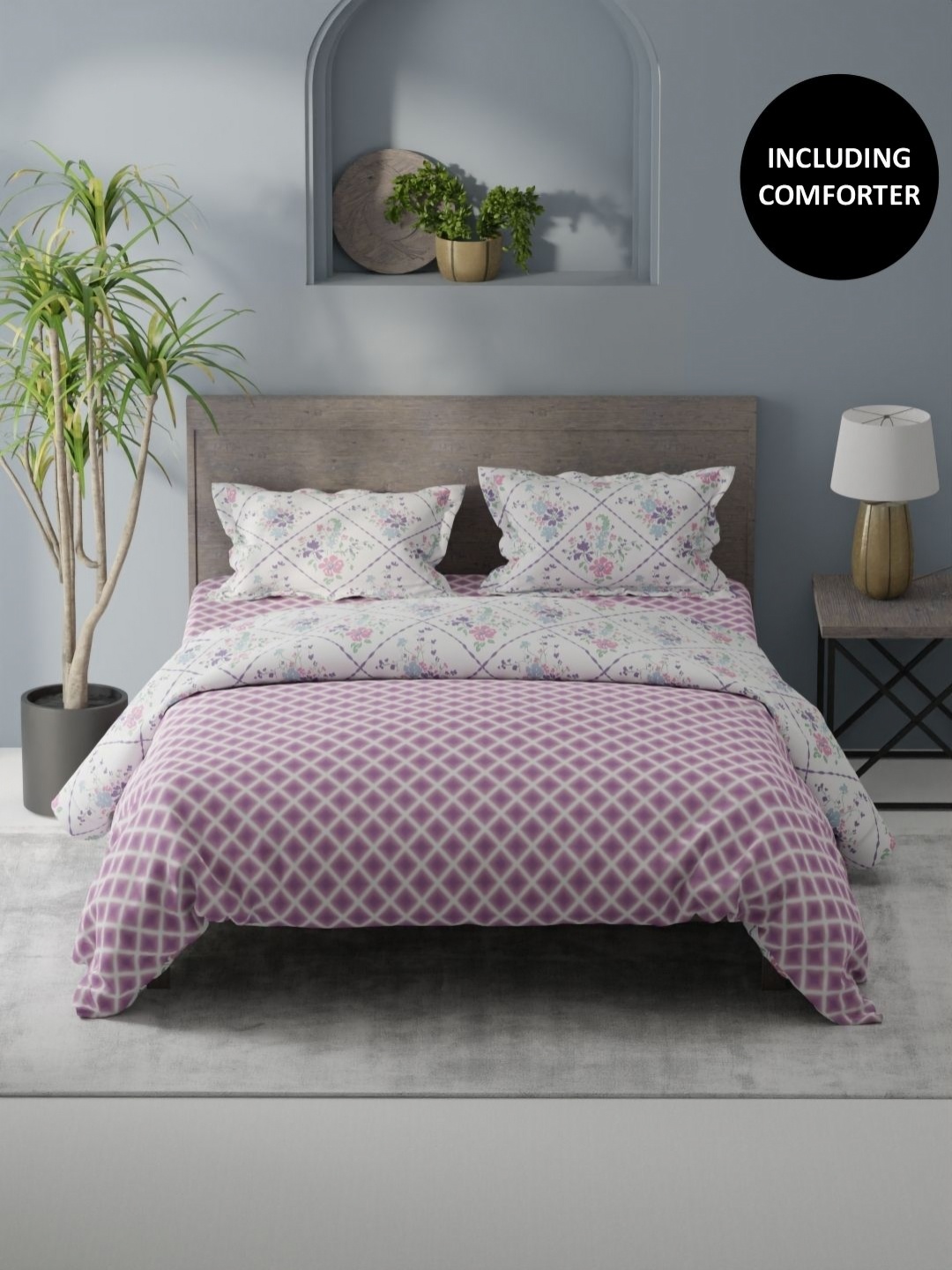 

KOPA Purple & White 4 Pcs Printed Cotton Queen Comforter & Bedsheet 2 Pillow Covers