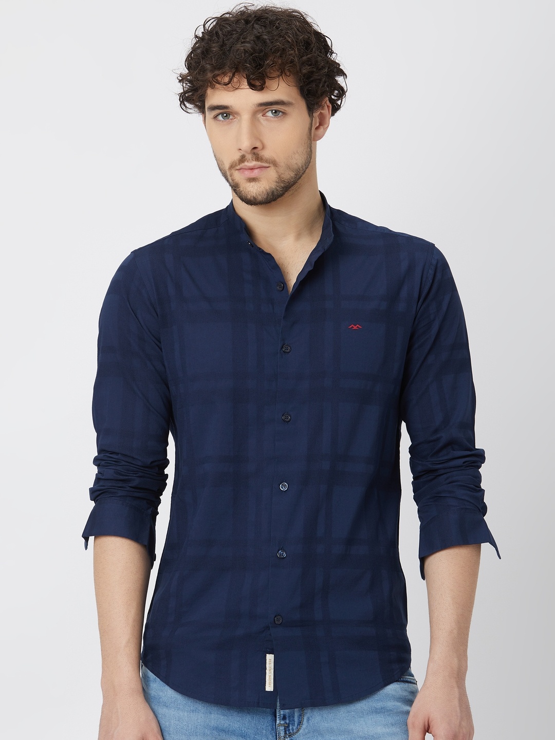 

Mufti Slim Fit Checked Mandarin Collar Pure Cotton Casual Shirt, Navy blue