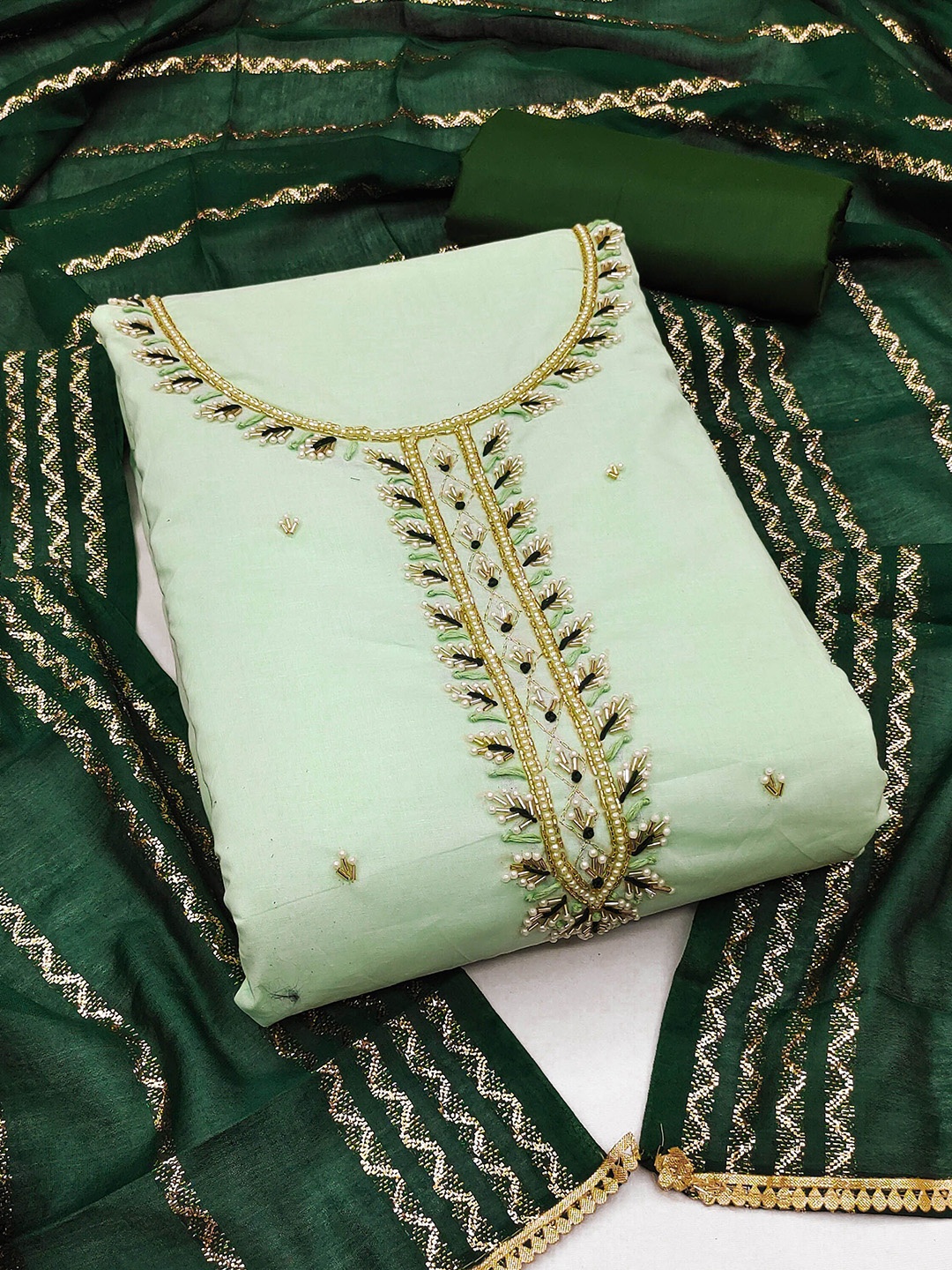 

Maroosh Embellished Unstitched Dress Material, Green
