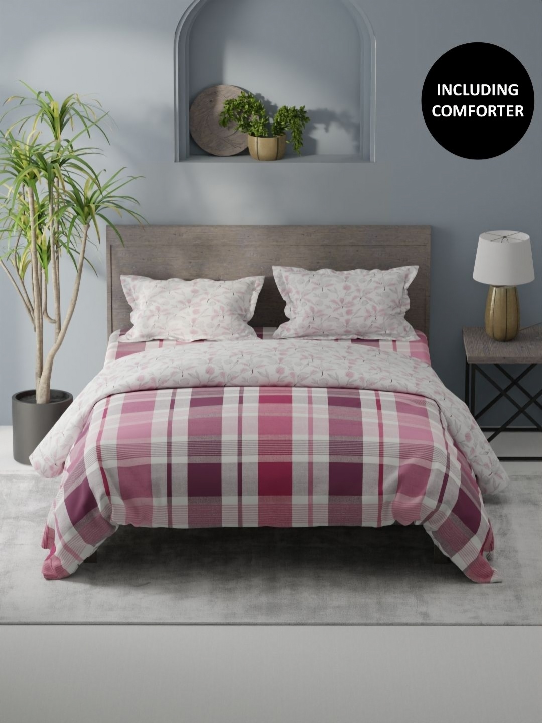 

KOPA Pink & White 4 Pcs Checked Cotton Queen Comforter & Bedsheet 2 Pillow Covers