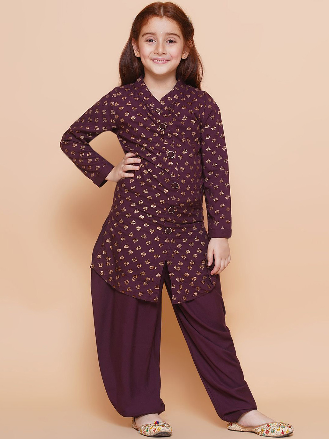 

Arshia Fashions Girls Floral Printed Regular Kurti with Dhoti Pants, Purple