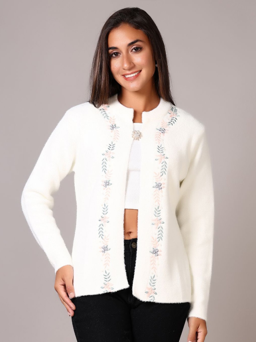 

V-Mart Women Floral Embroidered Cotton Cardigan, Off white