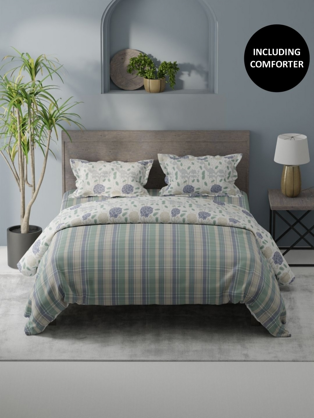 

KOPA Green & Beige 4 Pcs Checked Cotton Queen Comforter & Bedsheet 2 Pillow Covers
