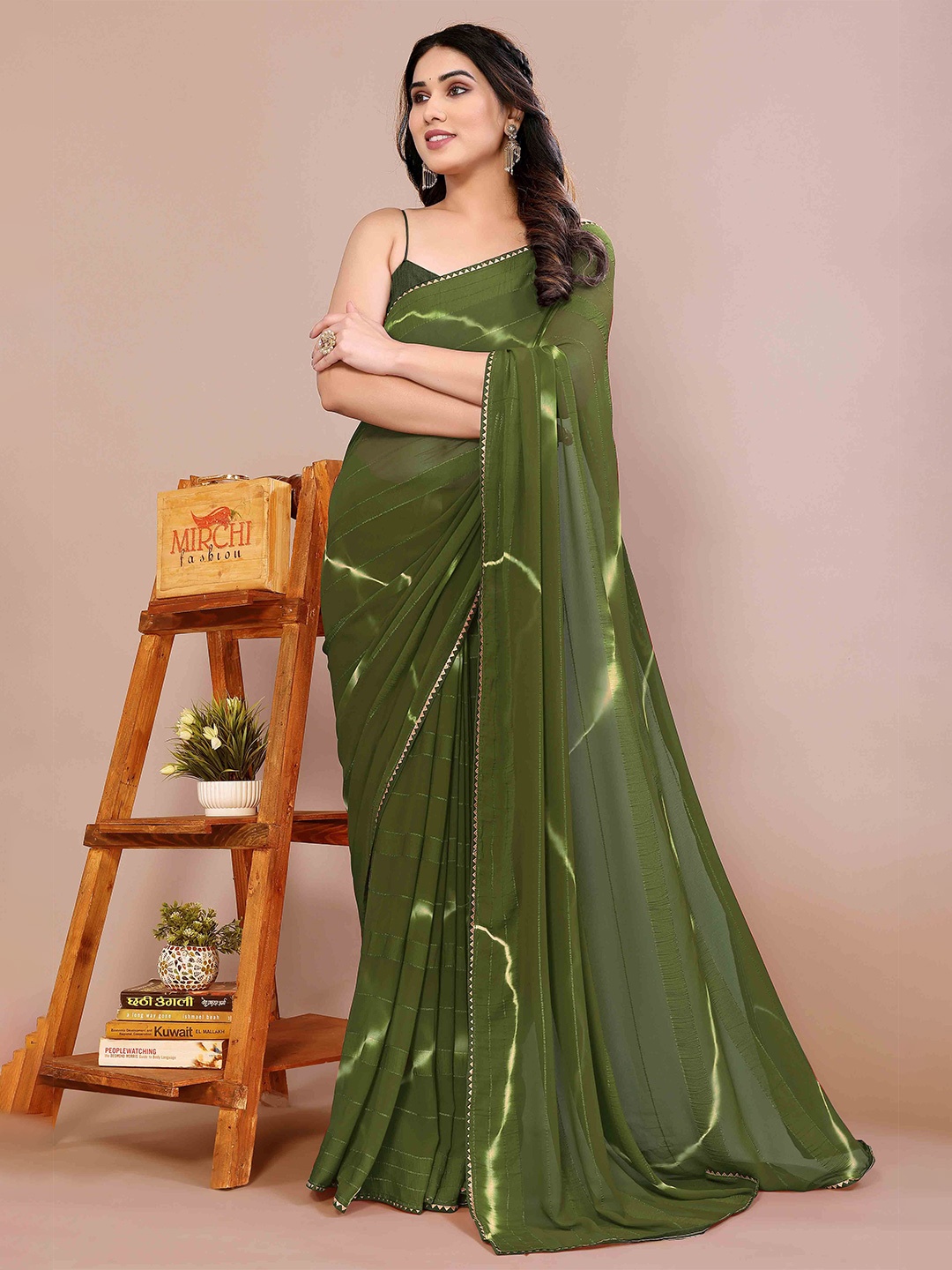 

KALINI Tie and Dye Poly Chiffon Saree, Green