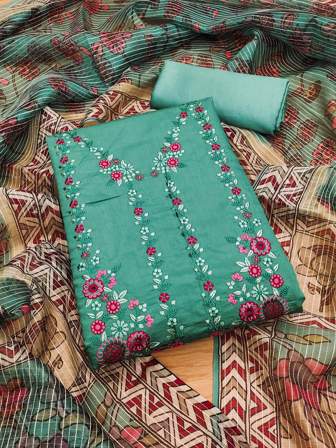 

KALINI Embroidered Unstitched Dress Material, Sea green