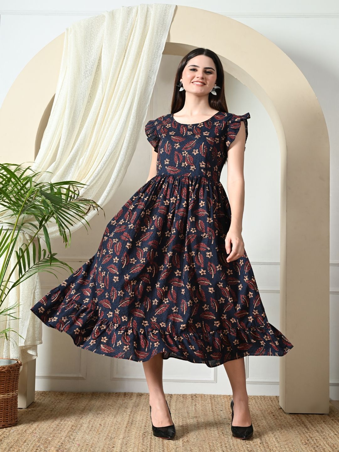 

KALINI Print Flutter Sleeve A-Line Midi Dress, Navy blue