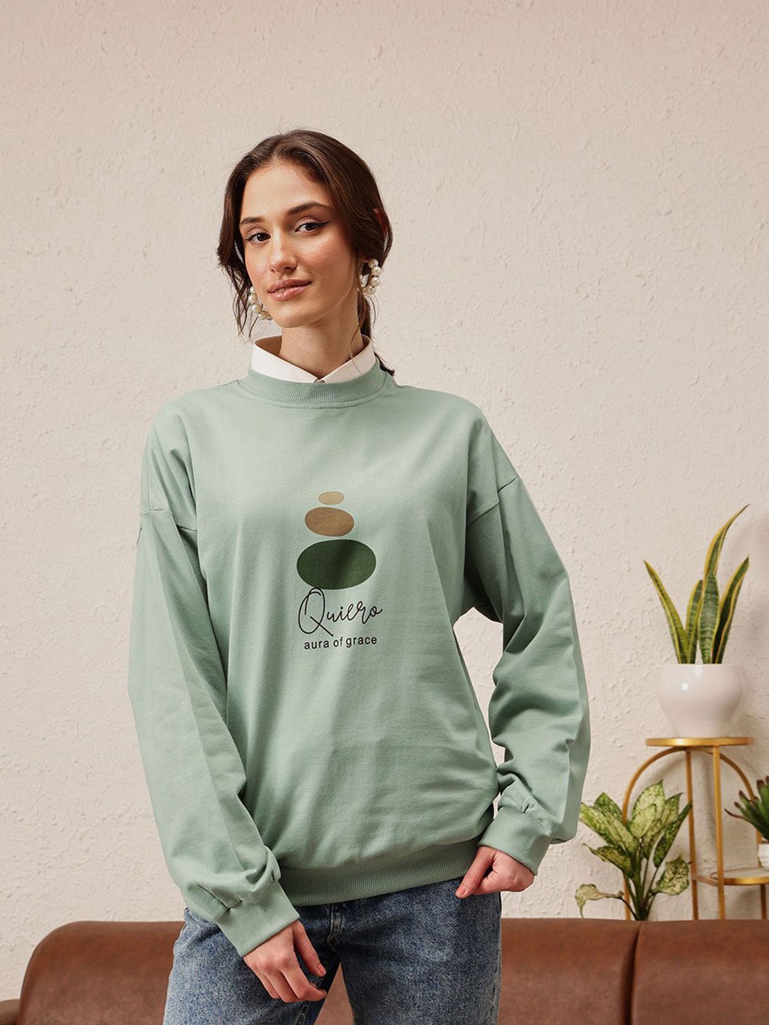 

QUIERO Women Printed Sweatshirt, Green