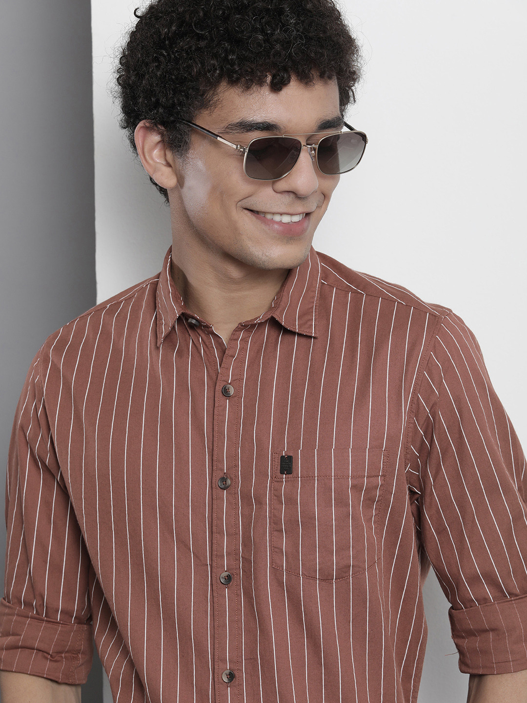 

The Indian Garage Co Men Brown & White Striped Cotton Casual Shirt