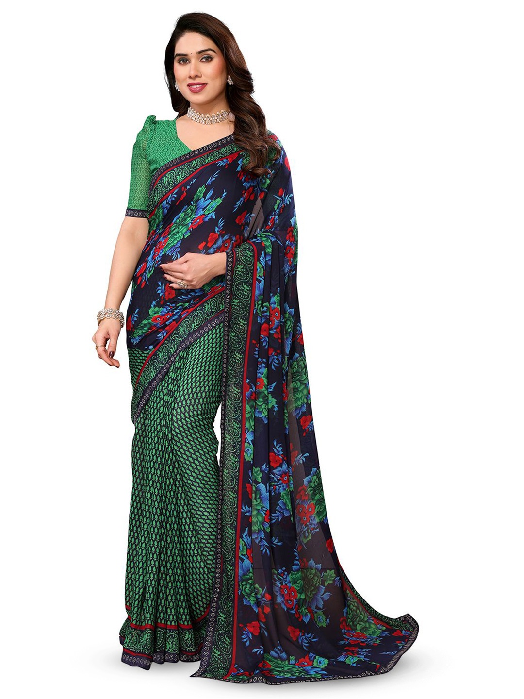 

ANAND SAREES Floral Sequinned Pure Georgette Saree, Black