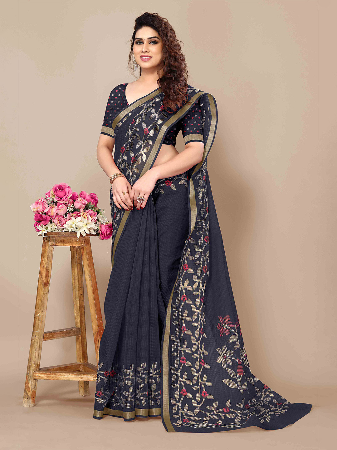 

KALINI Floral Saree, Navy blue