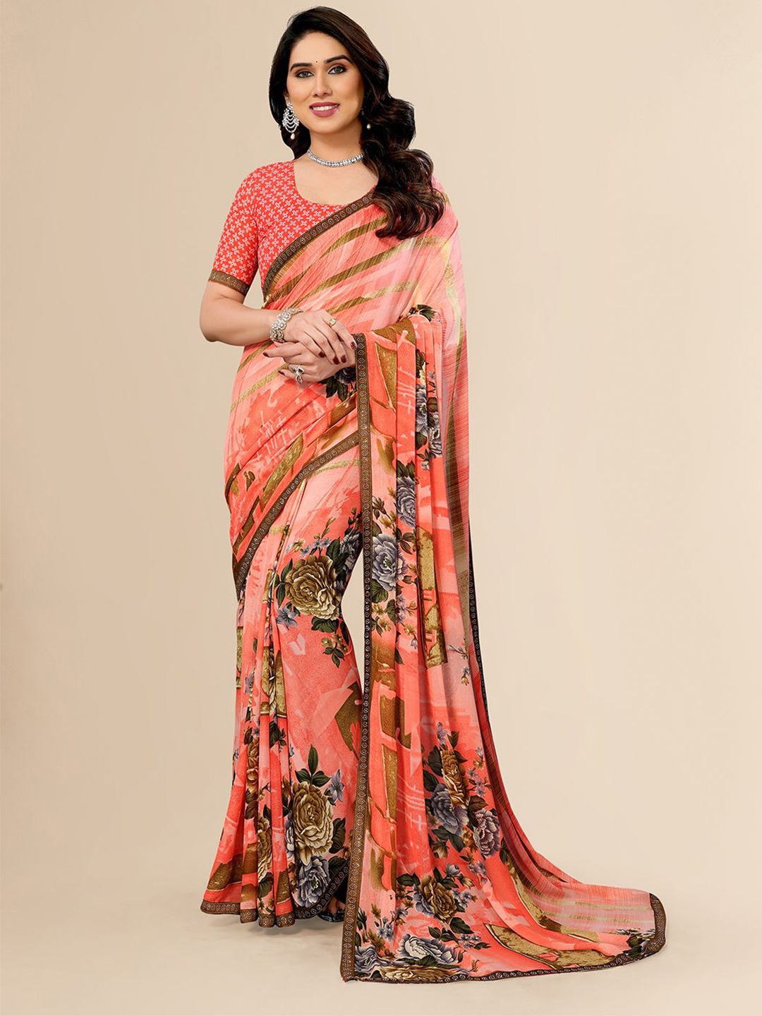 

ANAND SAREES Floral Beads and Stones Pure Georgette Saree, Peach